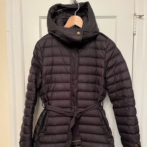 BURBERRY BRIT puffer jacket.  Fully lined in signature plaid. Belt & hood incl.